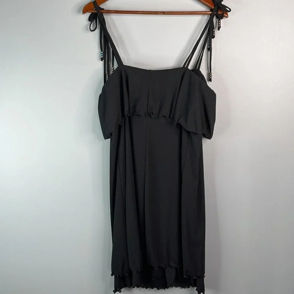 RAPZ Beach Dress Black Tied Bead Spaghetti Strap Lettuce Hem Ruffle Size L - Picture 6 of 10